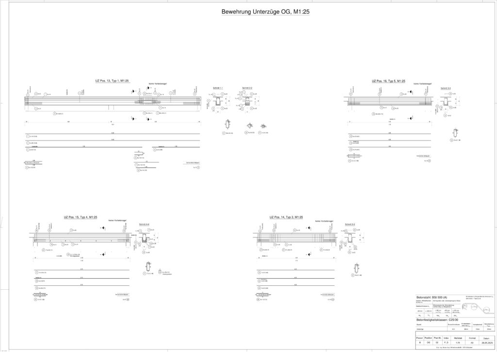 Bewehrungsplan Unterzüge für ein Pflegeheim mit detaillierter Bewehrungsführung und statischer Planung im Massivbau in NRW, Hessen und Rheinland-Pfalz